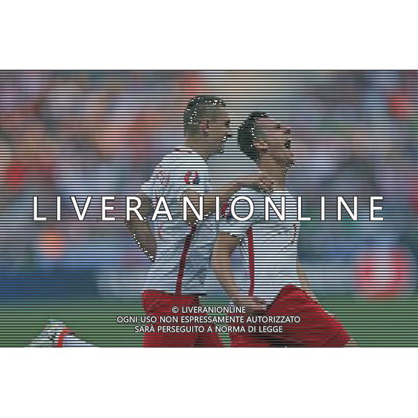 12.06.2016 NICEA, FRANCJA (NICE, FRANCE) PILKA NOZNA (FOOTBALL) UEFA EURO 2016 MISTRZOSTWA EUROPY W PILCE NOZNEJ (UEFA EURO 2016) GRUPA C (GROUP C) MECZ POLSKA - IRLANDIA POLNOCNA (GAME POLAND - NORTHERN IRELAND) NZ POLSKA RADOSC, BRAMKA, GOL, ARTUR JEDRZEJCZYK, ARKADIUSZ MILIK - ESULTANZA DOPO IL GOL FOTO LUKASZ GROCHALA/CYFRASPORT / NEWSPIX.PL --- Newspix.pl / AGENZIA ALDO LIVERANI SAS - ITALY ONLY EDITORIAL USE ONLY - Polonia - Irlanda del Nord UEFA Francia EURO 2016 Final Tournament Group Stage C Nizza - 12.06.2016