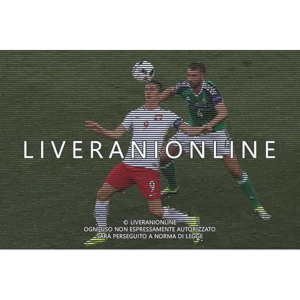 12.06.2016, Nicea, pilka nozna, mistrzostwa Europy w pilce noznej, UEFA EURO 2016, Polska - Irlandia Polnocna, Robert Lewandowski (POL), Gareth McAuley (NIR), Poland - Northern Ireland, European Football Championship, fot. Tomasz Jastrzebowski / Foto Olimpik / NEWSPIX.PL --- Newspix.pl / AGENZIA ALDO LIVERANI SAS - ITALY ONLY EDITORIAL USE ONLY - Polonia - Irlanda del Nord UEFA Francia EURO 2016 Final Tournament Group Stage C Nizza - 12.06.2016