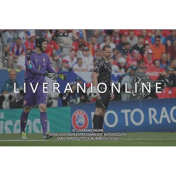 TULUZA 13.06.2016 MECZ I RUNDA GRUPA D MISTRZOSTW EUROPY 2016: HISZPANIA - CZECHY 1:0 --- FIRST ROUND GROUP D UEFA EURO 2016 MATCH IN TOULOUSE: SPAIN - CZECH REPUBLIC 1:0 PETR CECH PAWEL RACZKOWSKI - ARBITRO FOT. PIOTR KUCZA/NEWSPIX.PL --- Newspix.pl / AGENZIA ALDO LIVERANI SAS - ITALY ONLY EDITORIAL USE ONLY - Spagna - Repubblica Ceca UEFA Francia EURO 2016 Final Tournament Group Stage D Tolosa - 13.06.2016