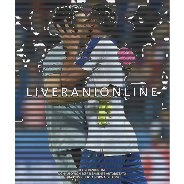 UEFA Francia EURO 2016 Final Tournament Group Stage E Lione - 13.06.2016 Belgio-Italia Nella Foto: gianluigi buffon con graziano pelle\' esultanza a fine gara /Ph.Vitez-Ag. Aldo Liverani