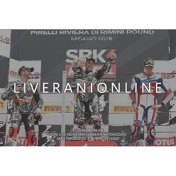 Campionato Mondiale Superbike, Pirelli Riviera di Rimini, Round 8, Misano 18/06/2016, nella foto: JONATHAN REA, TOM SYKES, VAN DER MARK, SUL PODIO, ©C.ZAMAGNI/AGENZIA ALDO LIVERANI S.A.S