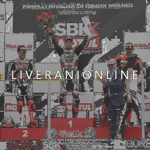 Campionato Mondiale Superbike, Pirelli Riviera di Rimini, Round 8, Misano 19/06/2016, nella foto: JONATHAN REA, TOM SYKES, DAVIDE GIUGLIANO, SUL PODIO, Â©C.ZAMAGNI/AGENZIA ALDO LIVERANI S.A.S/ AGENZIA ALDO LIVERANI SAS
