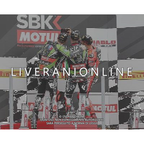 Campionato Mondiale Superbike, Pirelli Riviera di Rimini, Round 8, Misano 19/06/2016, nella foto: JONATHAN REA, TOM SYKES, DAVIDE GIUGLIANO, SUL PODIO, Â©C.ZAMAGNI/AGENZIA ALDO LIVERANI S.A.S/ AGENZIA ALDO LIVERANI SAS