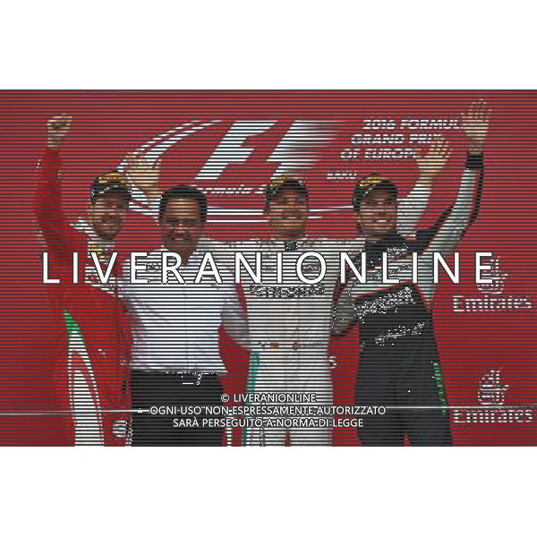 The podium (L to R): Sebastian Vettel (GER) Ferrari, second; Nico Rosberg (GER) Mercedes AMG F1, race winner; Sergio Perez (MEX) Sahara Force India F1, third. 19.06.2016. Formula 1 World Championship, Rd 8, European Grand Prix, Baku Street Circuit, Azerbaijan, Race Day. AG ALDO LIVERANI SAS ONLY ITALY