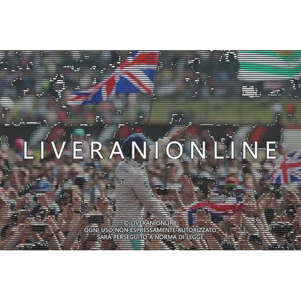 Race winner Lewis Hamilton (GBR) Mercedes AMG F1 celebrates with the fans. 10.07.2016. Formula 1 World Championship, Rd 10, British Grand Prix, Silverstone, England, Race Day. / AGENZIA ALDO LIVERANI SAS - ITALY ONLY EDITORIAL USE ONLY