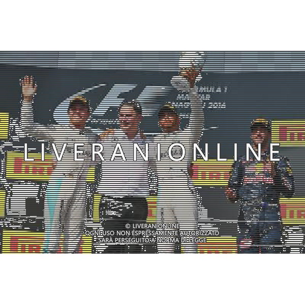 The podium (L to R): Nico Rosberg (GER) Mercedes AMG F1, second; Ron Meadows (GBR) Mercedes GP Team Manager; Lewis Hamilton (GBR) Mercedes AMG F1, race winner; Max Verstappen (NLD) Red Bull Racing, third. 24.07.2016. Formula 1 World Championship, Rd 11, Hungarian Grand Prix, Budapest, Hungary, Race Day. /AGENZIA ALDO LIVERANI Sas - ITALY ONLY EDITORIAL USE ONLY - GP F1 Ungheria Gara