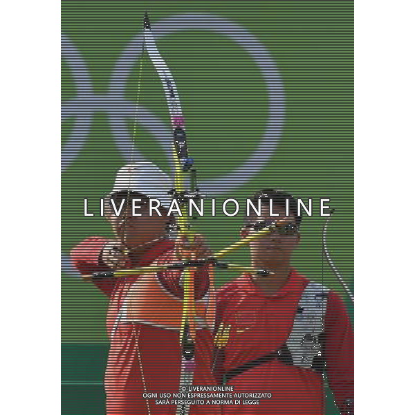XXXI Olympic Games Giochi Olimpici Rio 2016 Rio de Janeiro - 06.08.2016 Tiro con l\'arco a squadre Quarti di FInale Italia-Cina Nella Foto:Team Cina Gu Xuesong,Wnag Dapeng,Xing Yu /Ph.Vitez-Ag. Aldo Liverani