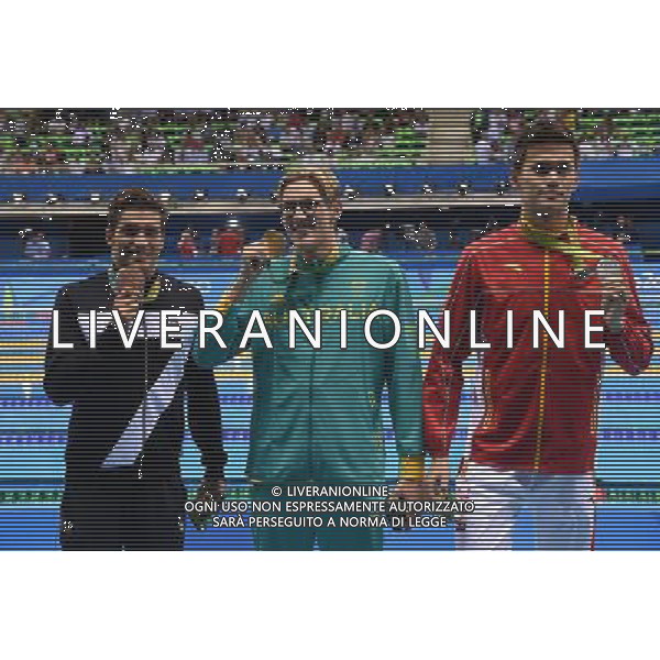 XXXI Olympic Games Giochi Olimpici Rio 2016 Rio de Janeiro - 06.08.2016 Nuoto Nella Foto:Finale 400m Stile Libero Maschile Detti Gabriele con la medaglia insieme a Horton Mack e Sun Yang /Ph.Vitez-Ag. Aldo Liverani