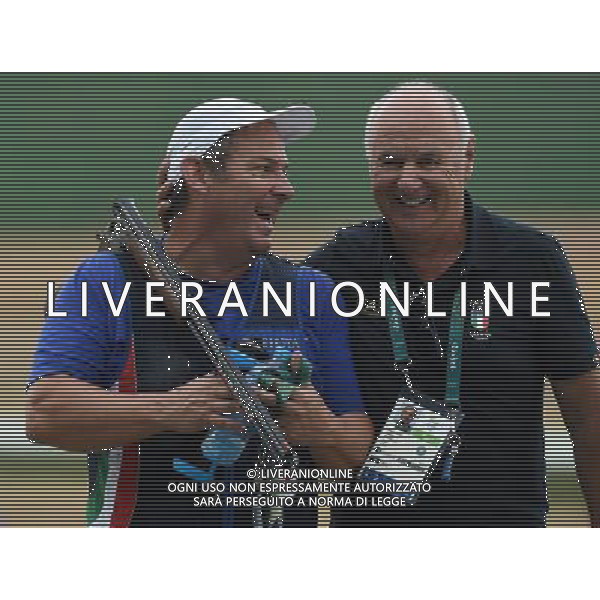 XXXI Olympic Games Giochi Olimpici Rio 2016 Rio de Janeiro - 08.08.2016 Finali Trap Fossa Olimpica di Tiro Nella Foto:Giovanni Pellielo con l\'allenatore Albanno Pera /Ph.Vitez-Ag. Aldo Liverani