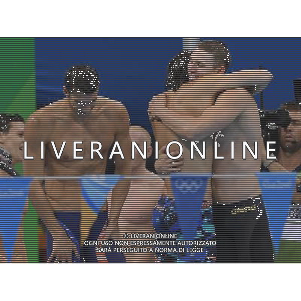 XXXI Olympic Games Giochi Olimpici Rio 2016 Rio de Janeiro - 13.08.2016 Nuoto Finale 4x100 Misti Maschile Nella Foto:Michael Phelps e la squadra americana festeggiano la vittoria /Ph.Vitez-Ag. Aldo Liverani