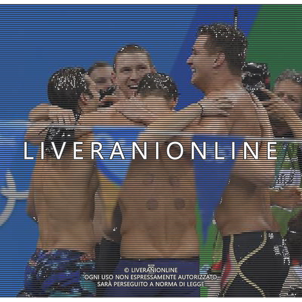 XXXI Olympic Games Giochi Olimpici Rio 2016 Rio de Janeiro - 13.08.2016 Nuoto Finale 4x100 Misti Maschile Nella Foto:Michael Phelps e la squadra americana festeggiano la vittoria /Ph.Vitez-Ag. Aldo Liverani