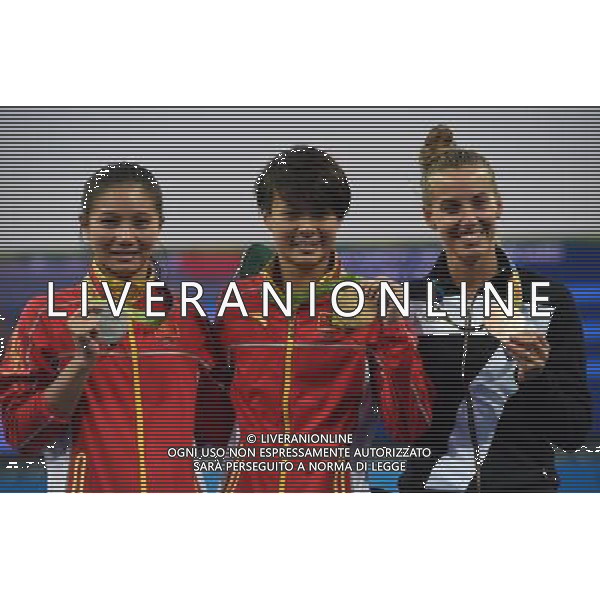 XXXI Olympic Games Giochi Olimpici Rio 2016 Rio de Janeiro - 14.08.2016 Finale Tuffi Trampolino 3m Femminile Nella Foto:Podio He Zi, Shi Tingmao e Tania Cagnotto /Ph.Vitez-Ag. Aldo Liverani