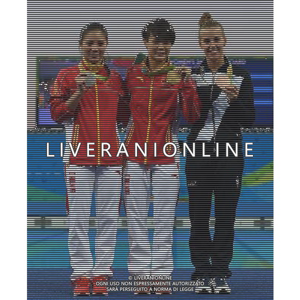 XXXI Olympic Games Giochi Olimpici Rio 2016 Rio de Janeiro - 14.08.2016 Finale Tuffi Trampolino 3m Femminile Nella Foto:Podio He Zi, Shi Tingmao e Tania Cagnotto /Ph.Vitez-Ag. Aldo Liverani