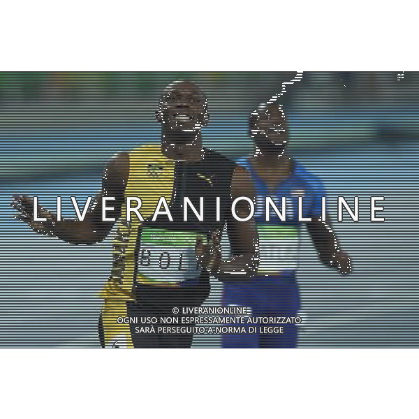 XXXI Olympic Games Giochi Olimpici Rio 2016 Rio de Janeiro - 14.08.2016 Atletica Finale 100m di corsa Maschili Nella Foto:Usain Bolt vince i 100m su Gatlin Justin e de Grasse Andre /Ph.Vitez-Ag. Aldo Liverani