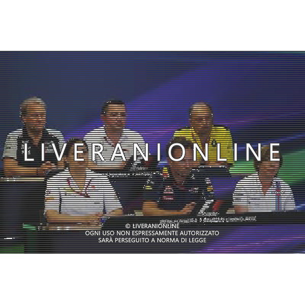The FIA Press Conference (from back row (L to R)): Robert Fernley (GBR) Sahara Force India F1 Team Deputy Team Principal; Eric Boullier (FRA) McLaren Racing Director; Frederic Vasseur (FRA) Renault Sport F1 Team Racing Director; Monisha Kaltenborn (AUT) Sauber Team Principal; Christian Horner (GBR) Red Bull Racing Team Principal; Claire Williams (GBR) Williams Deputy Team Principal. 26.08.2016. Formula 1 World Championship, Rd 13, Belgian Grand Prix, Spa Francorchamps, Belgium, Practice Day. s/ AGENZIA ALDO LIVERANI SAS - ITALY ONLY EDITORIAL USE ONLY