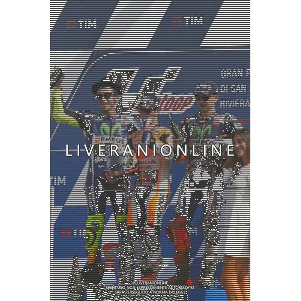 Misano Adriatico ( RN ) 11/09/16 Misano World Circuit Marco Simoncelli. Gran Premio TIM di San Marino e della Riviera di Rimini 2016 - MOTOGP Premiazione Nella foto: 2Â° Class. Valentino Rossi ( ITA ) su YAMAHA, il vincitore Dani Pedrosa ( ESP ) su HONDA e 3Â° Class. Jorge Lorenzo ( ESP ) su YAMAHA sul podio PH Lauro Montagnini / AGENZIA ALDO LIVERANI SAS