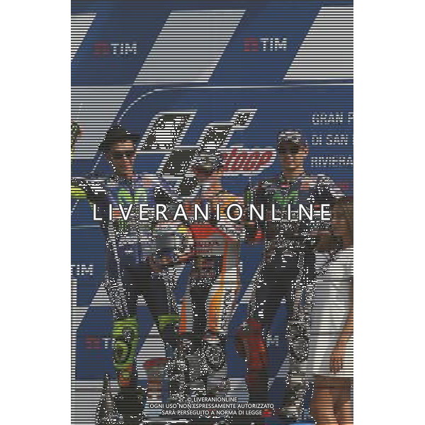 Misano Adriatico ( RN ) 11/09/16 Misano World Circuit Marco Simoncelli. Gran Premio TIM di San Marino e della Riviera di Rimini 2016 - MOTOGP Premiazione Nella foto: 2Â° Class. Valentino Rossi ( ITA ) su YAMAHA, il vincitore Dani Pedrosa ( ESP ) su HONDA e 3Â° Class. Jorge Lorenzo ( ESP ) su YAMAHA sul podio PH Lauro Montagnini / AGENZIA ALDO LIVERANI SAS