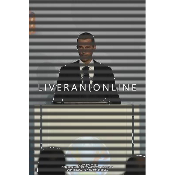 Conferenza Stampa presentazione Logo Italia Euro 2020 presso il Coni a Roma 22 settembre 2016 nella foto Aleksander Ceferin presidente Uefa, la sindaca Virginia Raggi, Carlo Tavecchio e Giovanni Malago\' Â©Corradetti / AGENZIA ALDO LIVERANI SAS 