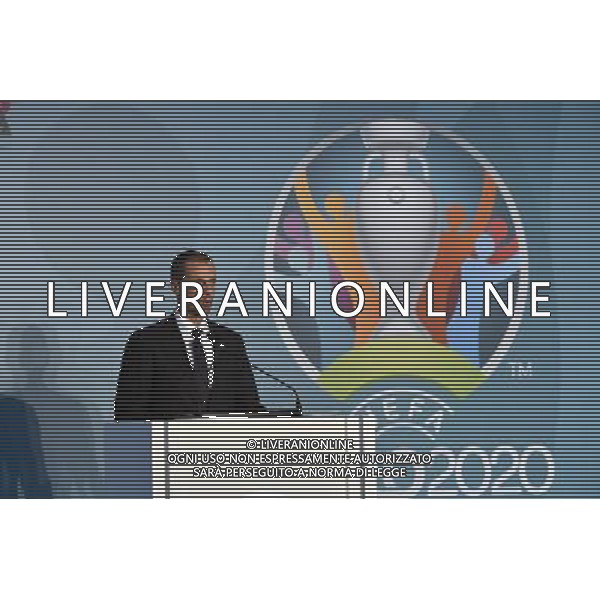 Conferenza Stampa presentazione Logo Italia Euro 2020 presso il Coni a Roma 22 settembre 2016 nella foto Aleksander Ceferin presidente Uefa, la sindaca Virginia Raggi, Carlo Tavecchio e Giovanni Malago\' Â©Corradetti / AGENZIA ALDO LIVERANI SAS 