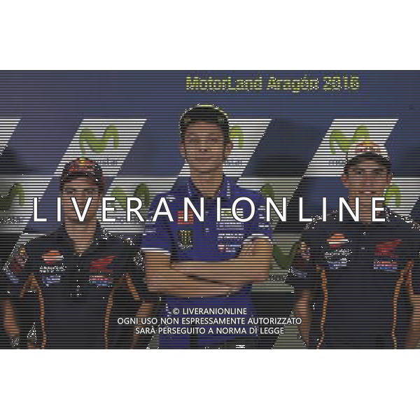 Motorland Aragon,Alcaniz, Spagna. Dani Pedrosa, Valentino Rossi e Marc Marquez durante la conferenza stamapa. Â©PIAZZOLLA / AGENZIA ALDO LIVERANI SAS 