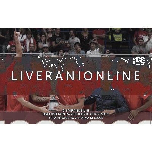 Macron Supercoppa di Basket 2016 Finale Milano - 25.09.2016 Sidigas Avellinoâ€“EA7 Emporio Armani Milano Nella Foto:Cinciarini Andrea,Cerella Bruno, Hickman Richard e Giorgio Armani con la coppa /Ph.Vitez-Ag. Aldo Liverani