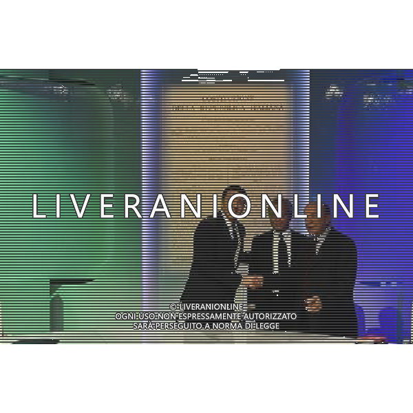 Trasmissione TV \' Si o No \' Roma - 30.09.2016 - nella foto: Matteo Renzi Enrico Mentana e Gustavo Zagrebelsky / Ph. Corradetti-Ag Aldo Liverani sas
