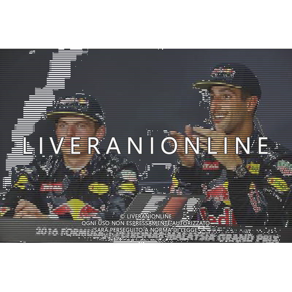 Race winner Daniel Ricciardo (AUS) Red Bull Racing (Right) in the FIA Press Conference with team mate Max Verstappen (NLD) Red Bull Racing. 02.10.2016. Formula 1 World Championship, Rd 16, Malaysian Grand Prix, Sepang, Malaysia, Sunday. AG ALDO LIVERANI SAS ONLY ITALY