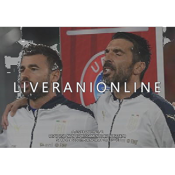 Qualificazioni al Campionato Mondiale FIFA Russia 2018 Gruppo G Torino - 06.10.2016 Italia-Spagna Nella Foto: gianluigi buffon e andrea barzagli durante l\'inno nazionale /Ph.Vitez-Ag. Aldo Liverani