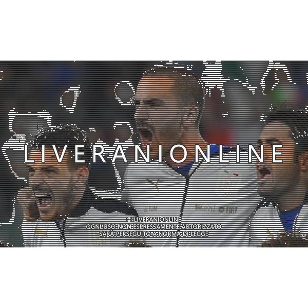 Qualificazioni al Campionato Mondiale FIFA Russia 2018 Gruppo G Torino - 06.10.2016 Italia-Spagna Nella Foto: leonardo bonucci, alessandro florenzi e eder durante l\'inno nazionale /Ph.Vitez-Ag. Aldo Liverani