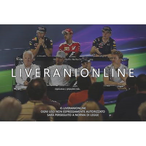 The FIA Press Conference (from back row (L to R)): Daniel Ricciardo (AUS) Red Bull Racing; Sebastian Vettel (GER) Ferrari; Max Verstappen (NLD) Red Bull Racing; Charlie Whiting (GBR) FIA Delegate; Lewis Hamilton (GBR) Mercedes AMG F1; Felipe Massa (BRA) Williams; Nico Rosberg (GER) Mercedes AMG F1. 10.11.2016. Formula 1 World Championship, Rd 20, Brazilian Grand Prix, Sao Paulo, Brazil, Preparation Day. - www.xpbimages.com, EMail: requests@xpbimages.com - copy of publication required for printed pictures. Every used picture is fee-liable. © Copyright: Moy / XPB Images /Agenzia Aldo Liverani s.a.s./ONLY ITALY-EDITORIAL USE ONLY