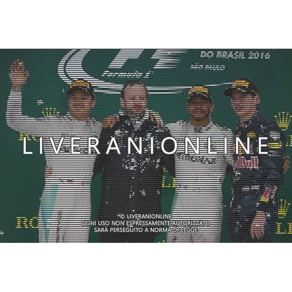 1st place Lewis Hamilton (GBR) Mercedes AMG F1 W07 , 2nd Nico Rosberg (GER) Mercedes AMG Petronas F1 W07 and 3rd place for Max Verstappen (NLD) Red Bull Racing RB12. 13.11.2016. Formula 1 World Championship, Rd 20, Brazilian Grand Prix, Sao Paulo, Brazil, Race D AG ALDO LIVERANI SAS ONLY ITALY