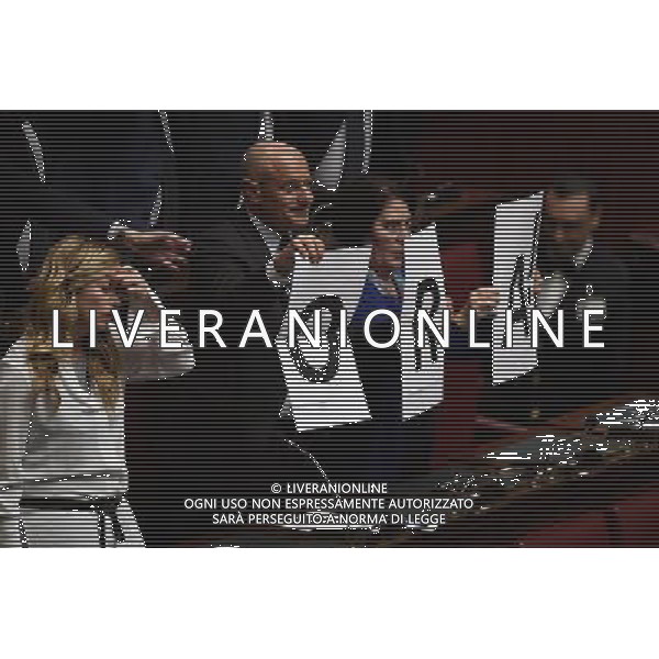 Camera la votazione di fiducia sulle dichiarazioni programmatiche del presidente del Consiglio Paolo Gentiloni Roma 13 dicembre 2016 nella foto Giorgia Meloni e La Protesta dei Fratelli d\'Italia con i cartelli Al Voto ©Corradetti / AGENZIA ALDO LIVERANI SAS