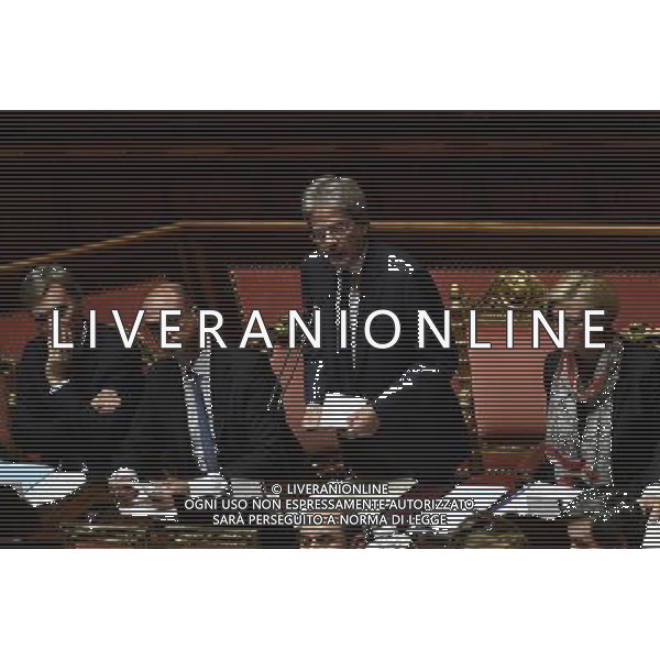 Senato Seduta Pubblica. Discussione sulle comunicazioni del Presidente del Consiglio dei Ministri Paolo Gentiloni Roma 14 dicembre 2016 nella foto Paolo Gentiloni durante il suo discorso con Angelino Alfano, Graziano DelRio e Roberta Pinotti ©Corradetti / AGENZIA ALDO LIVERANI SAS
