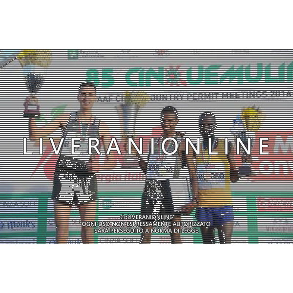 San Vittore Olona - 22.01.2017 85Â° Cinque Mulini cross country nella foto il podio della gara maschile da SX Soufian El Bakkali 2Â° Selemon Barega 1Â° e Fred Musobo 3Â° foto Roberto Garavaglia - Studio Sally / AGENZIA ALDO LIVERANI SAS