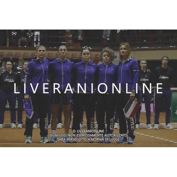 Fed Cup 2017 by BNP Paribas World Group II Italia - Slovacchia Giorno 1 Francesca Schiavone vs Anna Karolina Schmiedlova 11/02/2017 nella foto: SARA ERRANI FRANCESCA SCHIAVONE JASMINE PAOLINI MARTINA TREVISAN CAPITANO TATHIANA GARBIN ©Claudio Zamagni/Agenzia Aldo Liverani SARA ERRANI FRANCESCA SCHIAVONE JASMINE PAOLINI MARTINA TREVISAN CAPTAIN TATHIANA GARBIN during single match Francesca Schiavone against Anna Karolina Schmiedlova International Tennis FED CUP by BNP Paribas World Group II between ITALY and SLOVAKIA at PalaGalassi Forl“ on February 11th 2017 Italy. Photo credit by CLAUDIO ZAMAGNI/ALDO LIVERANI PHOTO AGENCY