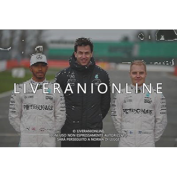 (L to R): Lewis Hamilton (GBR) Mercedes AMG F1 with Toto Wolff (GER) Mercedes AMG F1 Shareholder and Executive Director and Valtteri Bottas (FIN) Williams. 23.02.2017. Mercedes AMG F1 W08 Launch, Silverstone, England. - www.xpbimages.com, EMail: requests@xpbimages.com - copy of publication required for printed pictures. Every used picture is fee-liable. © Copyright: Batchelor / XPB Images AG ALDO LIVERANI SAS