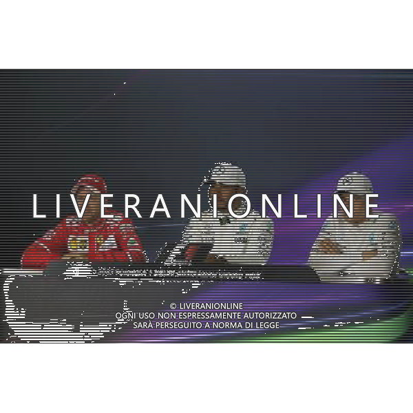 The post qualifying FIA Press Conference (L to R): Sebastian Vettel (GER) Ferrari; Lewis Hamilton (GBR) Mercedes AMG F1; Valtteri Bottas (FIN) Mercedes AMG F1. 25.03.2017. Formula 1 World Championship, Rd 1, Australian Grand Prix, Albert Park, Melbourne, Australia, Qualifying Day. ONLY ITALY AG ALDO LIVERANI SAS
