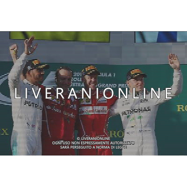 1st place Sebastian Vettel (GER) Ferrari, 2nd Lewis Hamilton (GBR) Mercedes AMG F1 and 3rd place Valtteri Bottas (FIN) Mercedes AMG F1. 26.03.2017. Formula 1 World Championship, Rd 1, Australian Grand Prix, Albert Park, Melbourne, Australia, Race Day. ONLY ITALY AG ALDO LIVERANI SAS