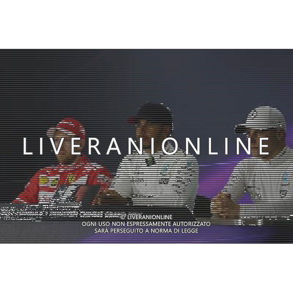 The FIA Press Conference (L to R): Sebastian Vettel (GER) Ferrari, Lewis Hamilton (GBR) Mercedes AMG F1; Valtteri Bottas (FIN) Mercedes AMG F1. 08.04.2017. Formula 1 World Championship, Rd 2, Chinese Grand Prix, Shanghai, China, Qualifying Day. ONLY ITALY AG ALDO LIVERANI SAS