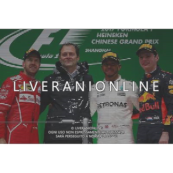 1st place Lewis Hamilton (GBR) Mercedes AMG F1 W08, 2nd place Sebastian Vettel (GER) Ferrari SF70H and 3rd Max Verstappen (NLD) Red Bull Racing RB13. 09.04.2017. Formula 1 World Championship, Rd 2, Chinese Grand Prix, Shanghai, China, Race Day. ONLY ITALY AG ALDO LIVERANI SAS