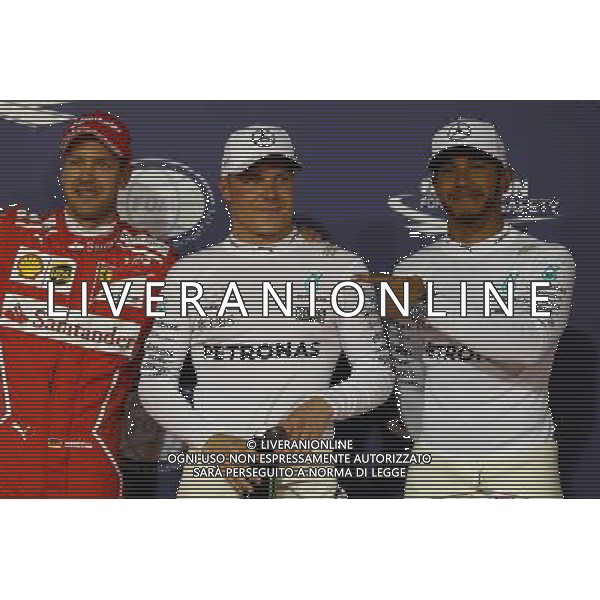 Pole for Valtteri Bottas (FIN) Mercedes AMG F1 W08, 2nd for Lewis Hamilton (GBR) Mercedes AMG F1 W08 and 3rd for Sebastian Vettel (GER) Ferrari SF70H. 15.04.2017. Formula 1 World Championship, Rd 3, Bahrain Grand Prix, Sakhir, Bahrain, Qualifying Day. ONLY ITALY AG ALDO LIVERANI SAS