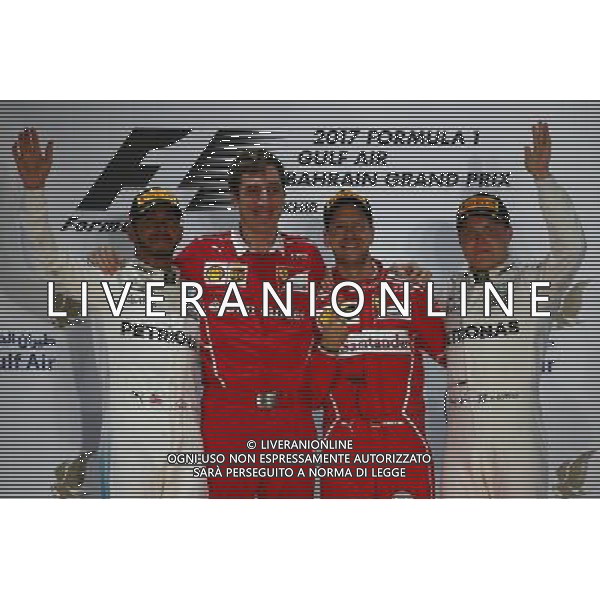 1st place for Sebastian Vettel (GER) Ferrari SF70H, 2nd for Lewis Hamilton (GBR) Mercedes AMG F1 W08 and 3rd for Valtteri Bottas (FIN) Mercedes AMG F1 W08. 16.04.2017. Formula 1 World Championship, Rd 3, Bahrain Grand Prix, Sakhir, Bahrain, Race Day. ONLY ITALY AG ALDO LIVERANI SAS