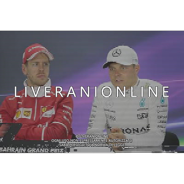 (L to R): Sebastian Vettel (GER) Ferrari and Valtteri Bottas (FIN) Mercedes AMG F1 in the FIA Press Conference. 16.04.2017. Formula 1 World Championship, Rd 3, Bahrain Grand Prix, Sakhir, Bahrain, Race Day. ONLY ITALY AG ALDO LIVERANI SAS