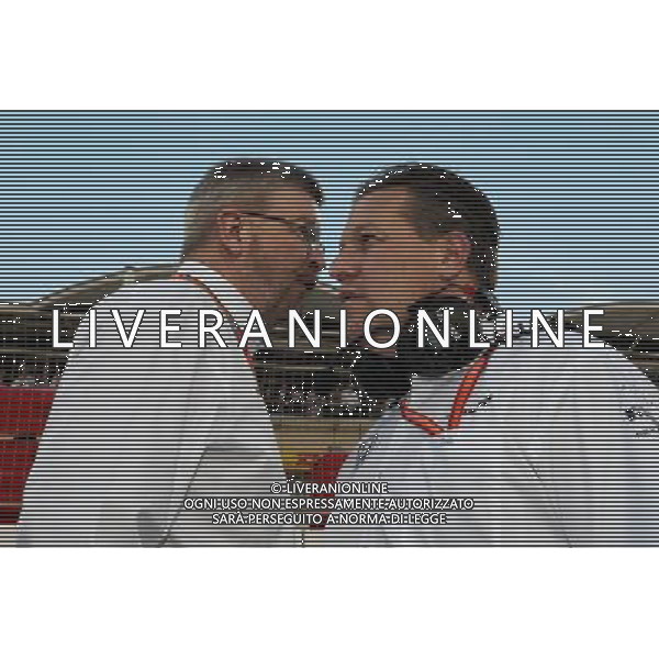 (L to R): Ross Brawn (GBR) Managing Director, Motor Sports with Zak Brown (USA) McLaren Executive Director on the grid. 16.04.2017. Formula 1 World Championship, Rd 3, Bahrain Grand Prix, Sakhir, Bahrain, Race Day. ONLY ITALY AG ALDO LIVERANI SAS
