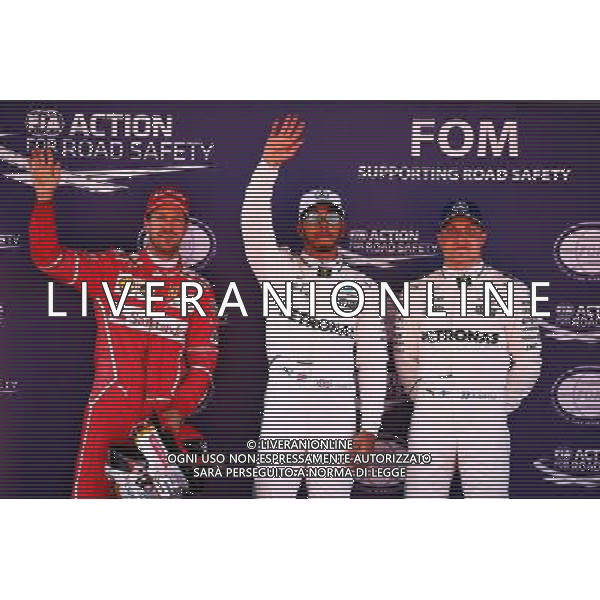 Qualifying top three in parc ferme (L to R): Sebastian Vettel (GER) Ferrari, second; Lewis Hamilton (GBR) Mercedes AMG F1, pole position; Valtteri Bottas (FIN) Mercedes AMG F1, third. 13.05.2017. Formula 1 World Championship, Rd 5, Spanish Grand Prix, Barcelona, Spain, Qualifying Day. / AGENZIA ALDO LIVERANI SAS / ITALY ONLY EDITORIAL USE ONLY