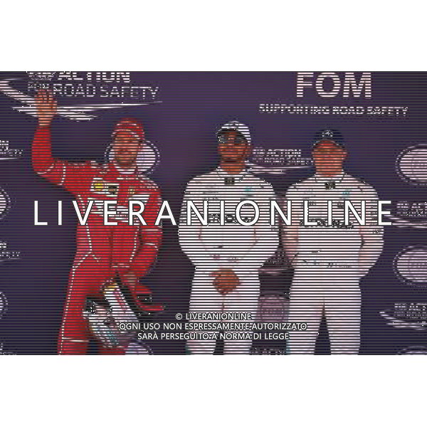 Qualifying top three in parc ferme (L to R): Sebastian Vettel (GER) Ferrari, second; Lewis Hamilton (GBR) Mercedes AMG F1, pole position; Valtteri Bottas (FIN) Mercedes AMG F1, third. 13.05.2017. Formula 1 World Championship, Rd 5, Spanish Grand Prix, Barcelona, Spain, Qualifying Day. / AGENZIA ALDO LIVERANI SAS / ITALY ONLY EDITORIAL USE ONLY