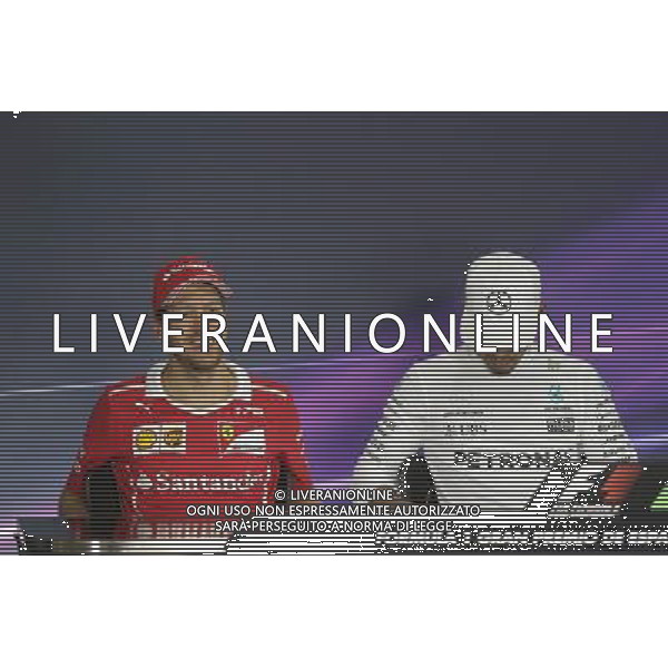 (L to R): Sebastian Vettel (GER) Ferrari and Lewis Hamilton (GBR) Mercedes AMG F1 in the FIA Press Conference. 14.05.2017. Formula 1 World Championship, Rd 5, Spanish Grand Prix, Barcelona, Spain, Race Day. AG ALDO LIVERANI SAS ONLY ITALY