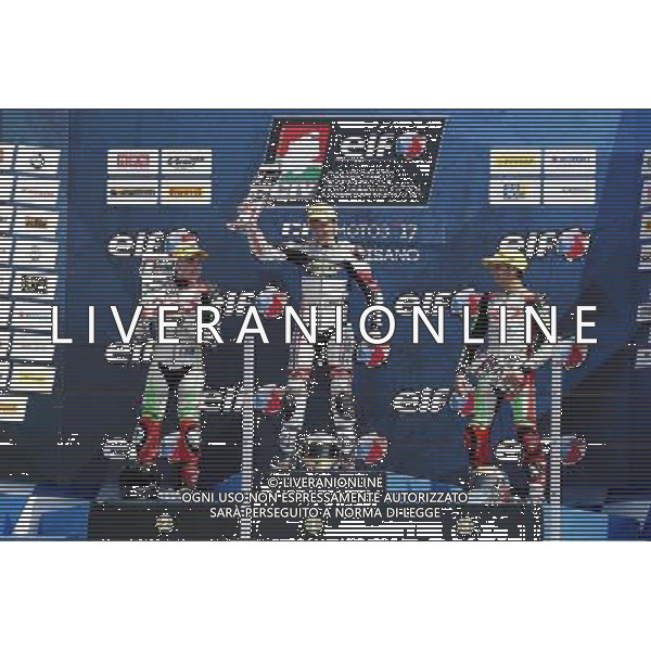 Misano - Campionato Italiano Velocitˆ Gara 2 21/05/2017 nella foto: podio moto3 Raffaele Fusco Alex Fabbri e Carraro ©Claudio Zamagni/Agenzia Aldo Liverani