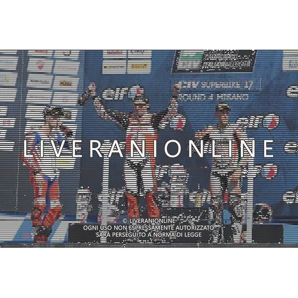 Misano - Campionato Italiano Velocitˆ Gara 2 21/05/2017 nella foto: Sul Podio Michele Pirro Lorenzo Zanetti e Matteo Baiocco ©Claudio Zamagni/Agenzia Aldo Liverani