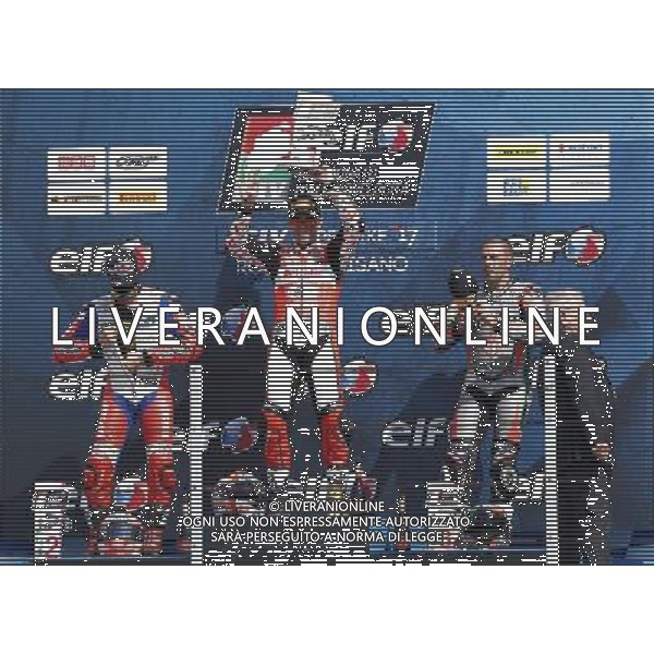 Misano - Campionato Italiano Velocitˆ Gara 2 21/05/2017 nella foto: Sul Podio Michele Pirro Lorenzo Zanetti e Matteo Baiocco ©Claudio Zamagni/Agenzia Aldo Liverani